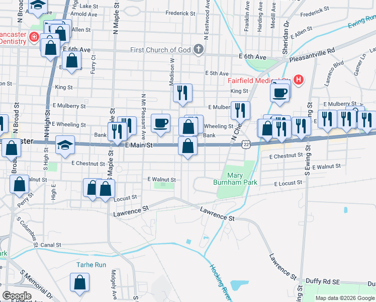 map of restaurants, bars, coffee shops, grocery stores, and more near 705 East Chestnut Street in Lancaster