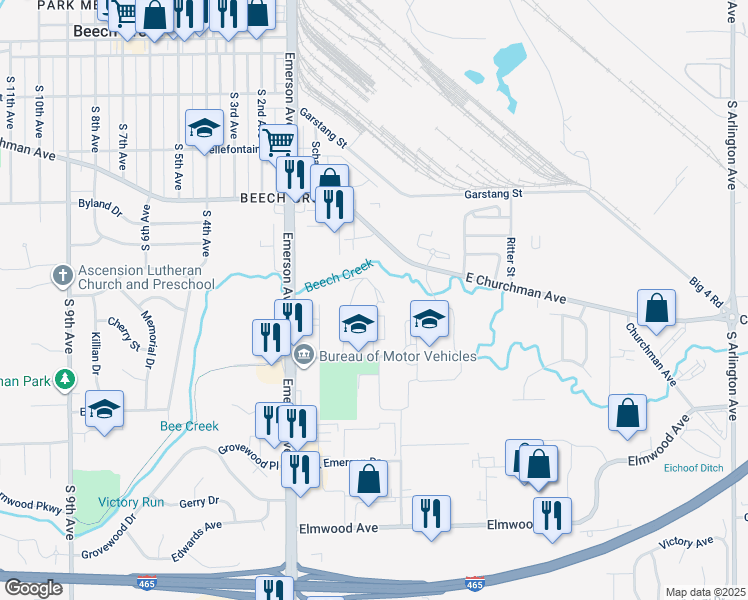 map of restaurants, bars, coffee shops, grocery stores, and more near 121 Diplomat Court in Beech Grove