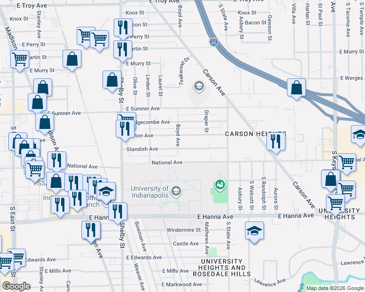 map of restaurants, bars, coffee shops, grocery stores, and more near 1337 Standish Avenue in Indianapolis