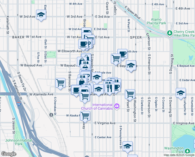 map of restaurants, bars, coffee shops, grocery stores, and more near 175 South Sherman Street in Denver