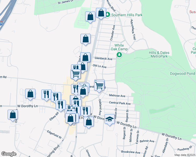 map of restaurants, bars, coffee shops, grocery stores, and more near 1523 Doddington Road in Dayton