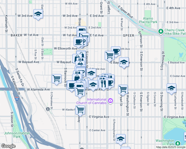 map of restaurants, bars, coffee shops, grocery stores, and more near 212 South Sherman Street in Denver