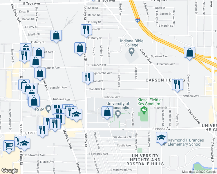 map of restaurants, bars, coffee shops, grocery stores, and more near 1314 Standish Avenue in Indianapolis