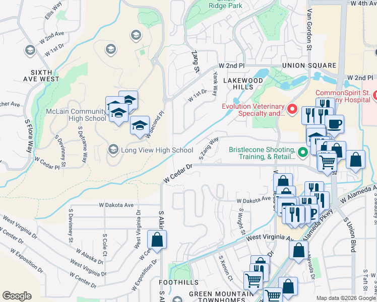 map of restaurants, bars, coffee shops, grocery stores, and more near 13083 West Cedar Drive in Lakewood