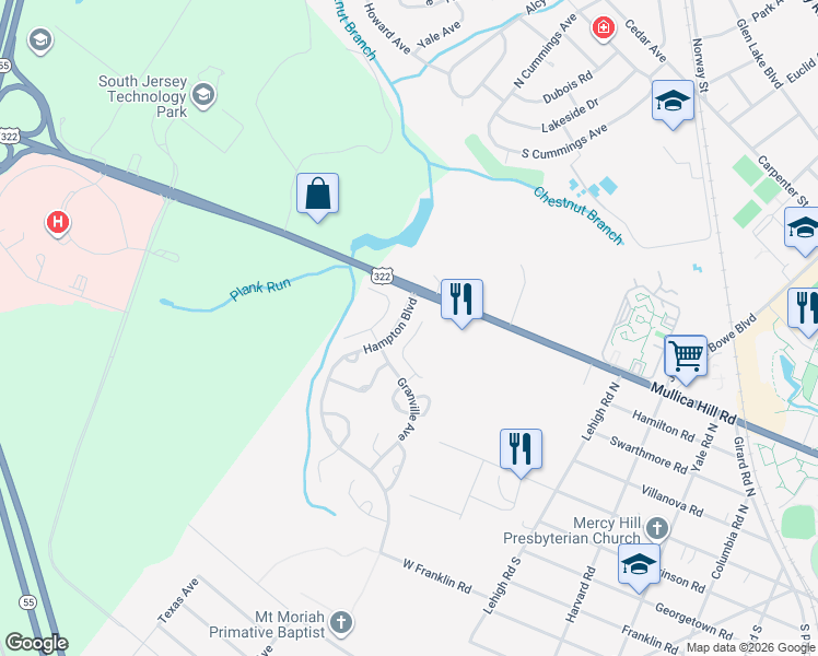 map of restaurants, bars, coffee shops, grocery stores, and more near 6 Palmer Court in Glassboro