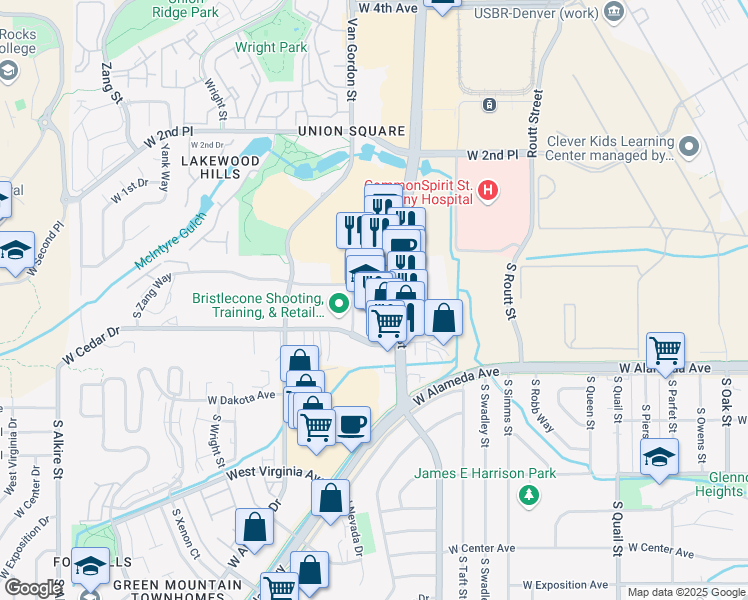 map of restaurants, bars, coffee shops, grocery stores, and more near 165 South Union Boulevard in Lakewood