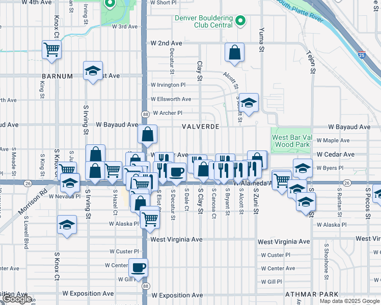 map of restaurants, bars, coffee shops, grocery stores, and more near 230 South Dale Court in Denver