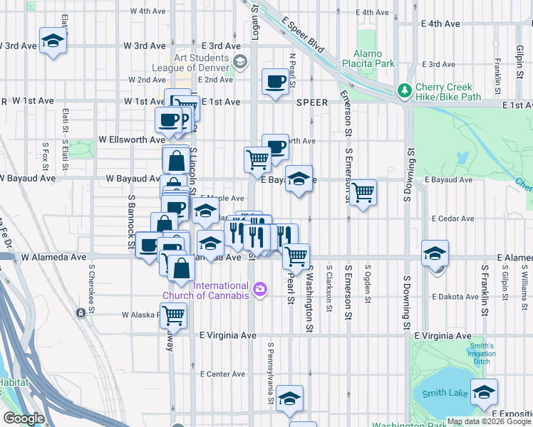 map of restaurants, bars, coffee shops, grocery stores, and more near 195 South Pennsylvania Street in Denver
