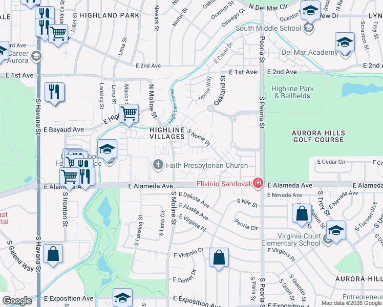 map of restaurants, bars, coffee shops, grocery stores, and more near 11591 East Cedar Avenue in Aurora
