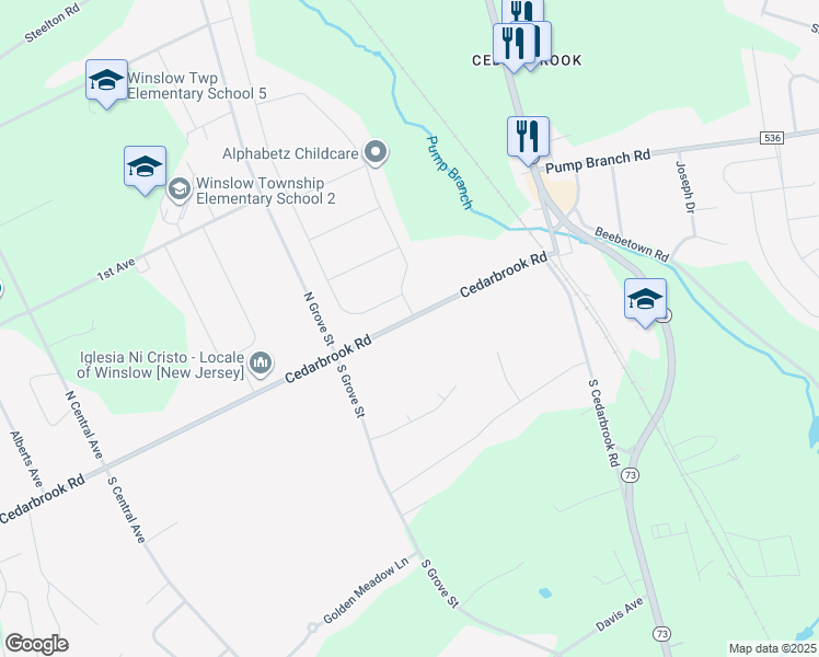 map of restaurants, bars, coffee shops, grocery stores, and more near 32 Cedarbrook Road in Sicklerville