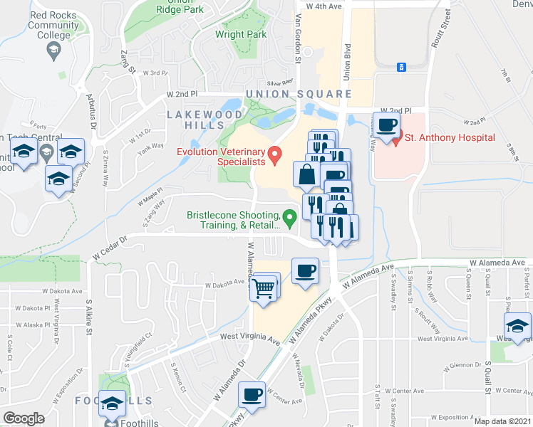 map of restaurants, bars, coffee shops, grocery stores, and more near 12136 West Bayaud Avenue in Lakewood
