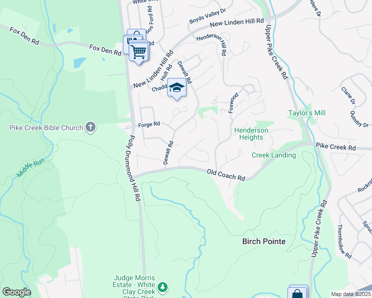 map of restaurants, bars, coffee shops, grocery stores, and more near 12 Coach Hill Court in Newark