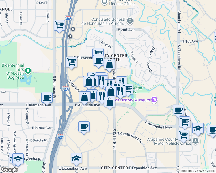 map of restaurants, bars, coffee shops, grocery stores, and more near 14442 East Cedar Avenue in Aurora