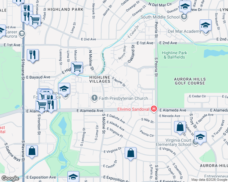 map of restaurants, bars, coffee shops, grocery stores, and more near 11591 East Cedar Avenue in Aurora