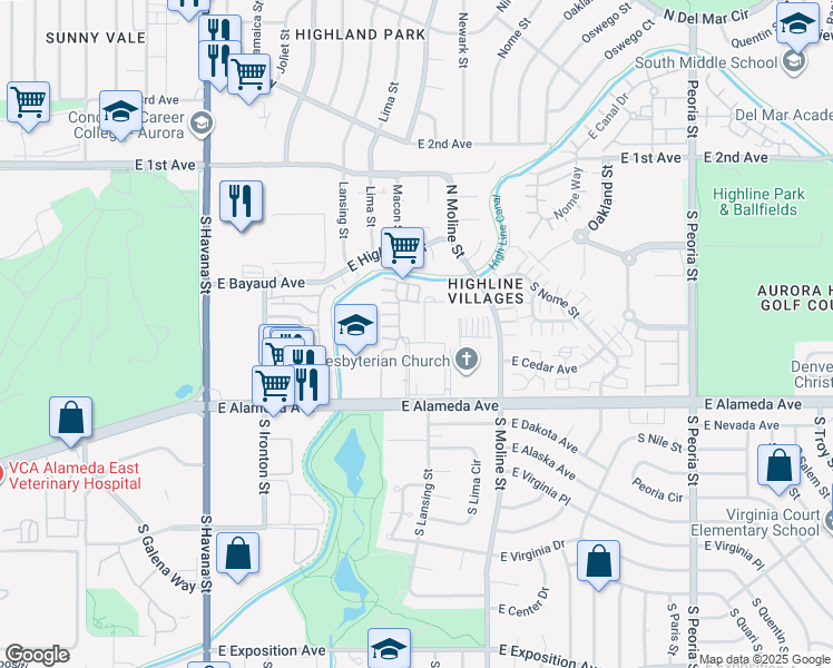 map of restaurants, bars, coffee shops, grocery stores, and more near 11255 East Alameda Avenue in Aurora