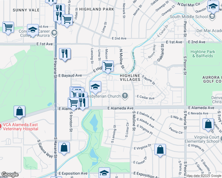 map of restaurants, bars, coffee shops, grocery stores, and more near 11255 East Alameda Avenue in Aurora