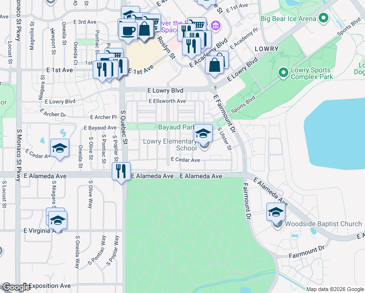 map of restaurants, bars, coffee shops, grocery stores, and more near 7801 East Cedar Avenue in Denver