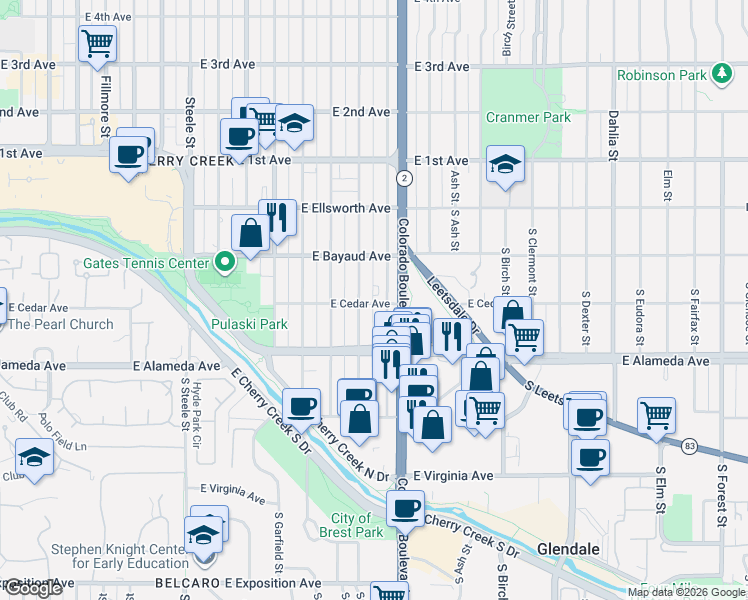 map of restaurants, bars, coffee shops, grocery stores, and more near 225 South Harrison Street in Denver