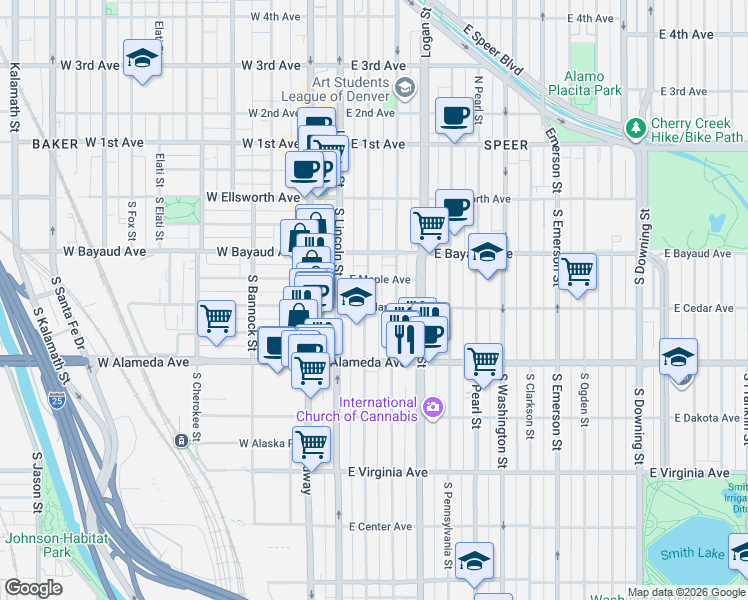 map of restaurants, bars, coffee shops, grocery stores, and more near 212 South Sherman Street in Denver