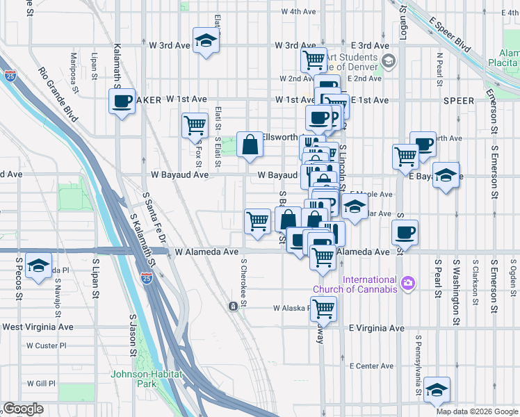 map of restaurants, bars, coffee shops, grocery stores, and more near 137 West Byers Place in Denver