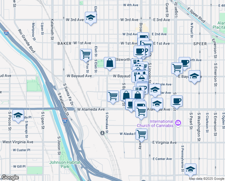 map of restaurants, bars, coffee shops, grocery stores, and more near 137 West Byers Place in Denver