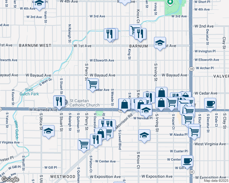 map of restaurants, bars, coffee shops, grocery stores, and more near 230 South Meade Street in Denver