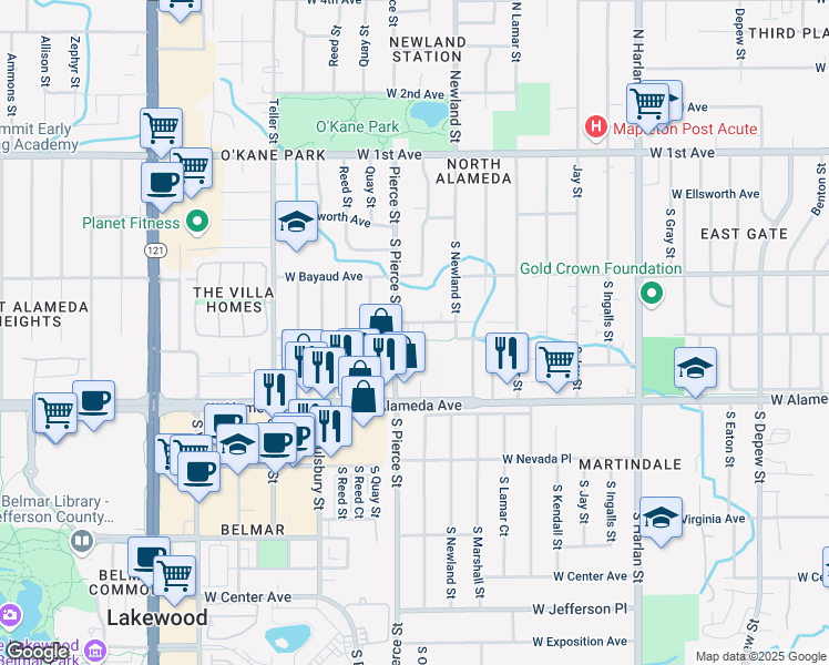 map of restaurants, bars, coffee shops, grocery stores, and more near 263 South Pierce Street in Lakewood