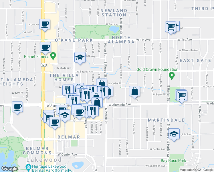 map of restaurants, bars, coffee shops, grocery stores, and more near 263 South Pierce Street in Lakewood