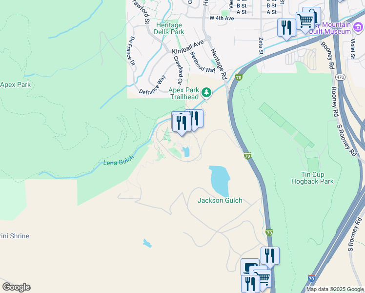 map of restaurants, bars, coffee shops, grocery stores, and more near Heritage Road in Golden