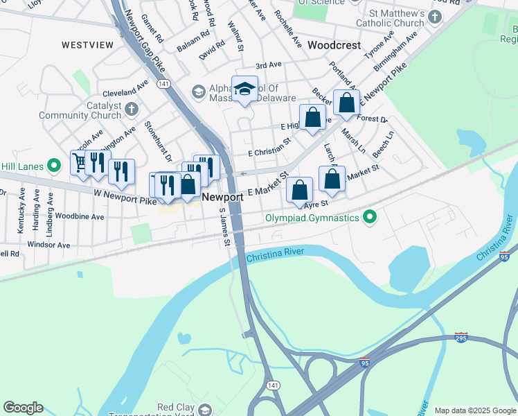 map of restaurants, bars, coffee shops, grocery stores, and more near 311 South Walnut Street in Wilmington