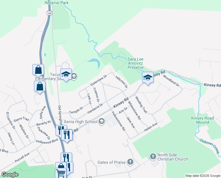 map of restaurants, bars, coffee shops, grocery stores, and more near 200 Hardacre Drive in Xenia