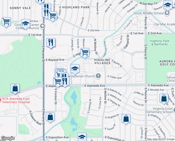 map of restaurants, bars, coffee shops, grocery stores, and more near 11255 East Alameda Avenue in Aurora
