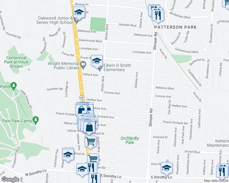 map of restaurants, bars, coffee shops, grocery stores, and more near 249 Corona Avenue in Dayton