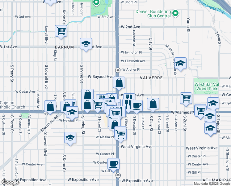 map of restaurants, bars, coffee shops, grocery stores, and more near 203 South Federal Boulevard in Denver