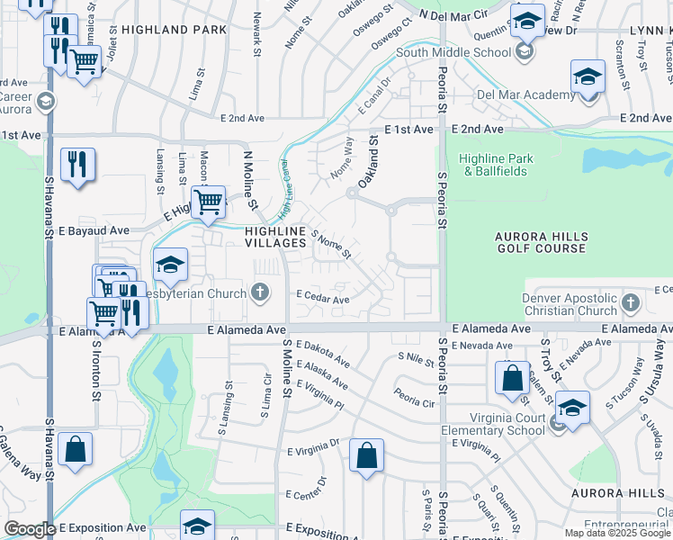 map of restaurants, bars, coffee shops, grocery stores, and more near 61 South Nome Street in Aurora