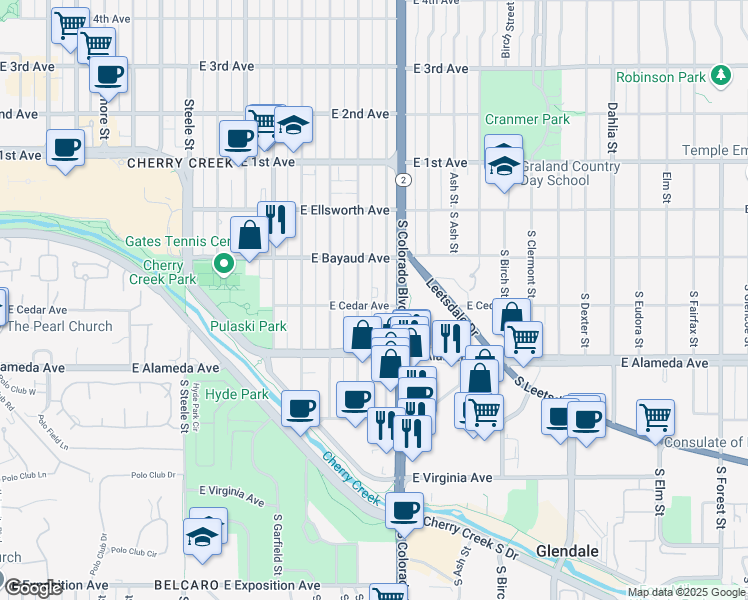 map of restaurants, bars, coffee shops, grocery stores, and more near 3855 East Cedar Avenue in Denver