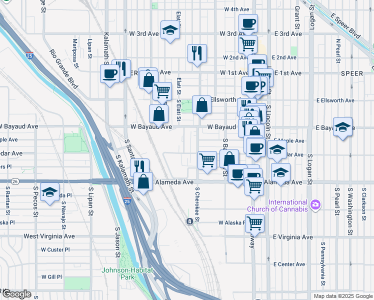 map of restaurants, bars, coffee shops, grocery stores, and more near in Denver
