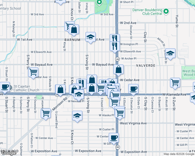 map of restaurants, bars, coffee shops, grocery stores, and more near 150 South Hooker Street in Denver