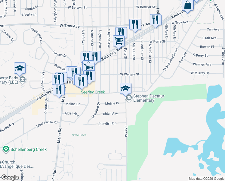 map of restaurants, bars, coffee shops, grocery stores, and more near 3333 South Rybolt Avenue in Indianapolis
