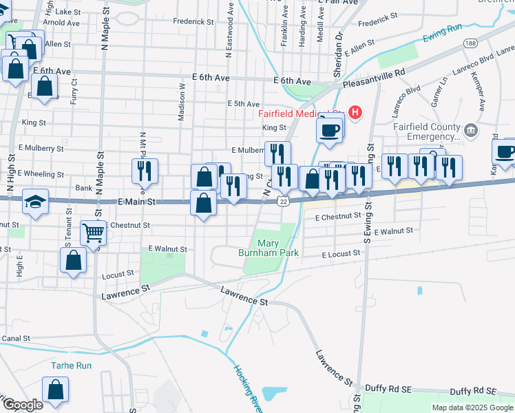 map of restaurants, bars, coffee shops, grocery stores, and more near 859 East Main Street in Lancaster