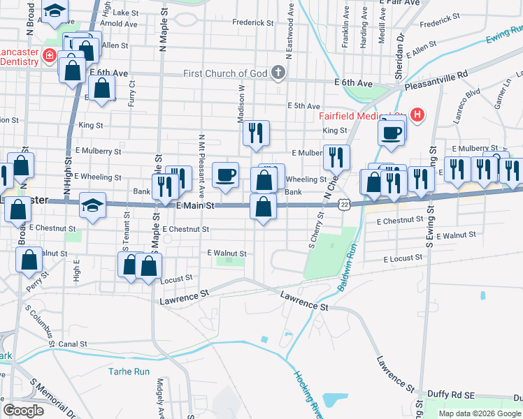 map of restaurants, bars, coffee shops, grocery stores, and more near 737 East Main Street in Lancaster