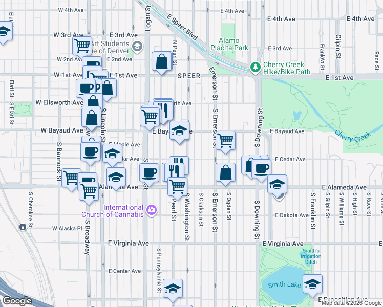 map of restaurants, bars, coffee shops, grocery stores, and more near 176 South Washington Street in Denver