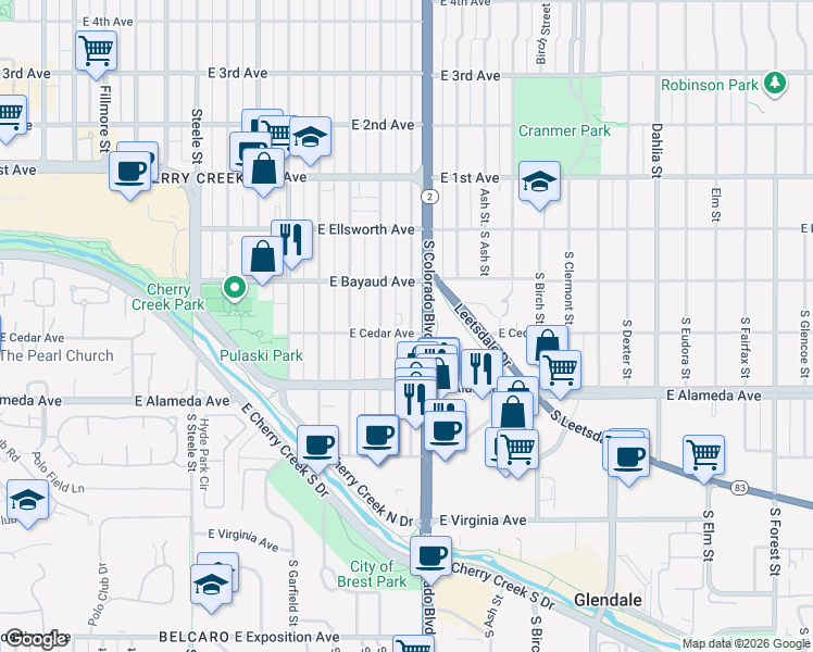 map of restaurants, bars, coffee shops, grocery stores, and more near 127 South Harrison Street in Denver
