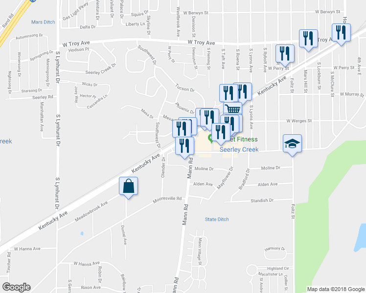 map of restaurants, bars, coffee shops, grocery stores, and more near 3605 Kentucky Avenue in Indianapolis