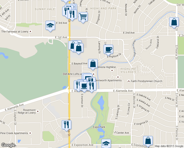 map of restaurants, bars, coffee shops, grocery stores, and more near 111 South Joliet Circle in Aurora