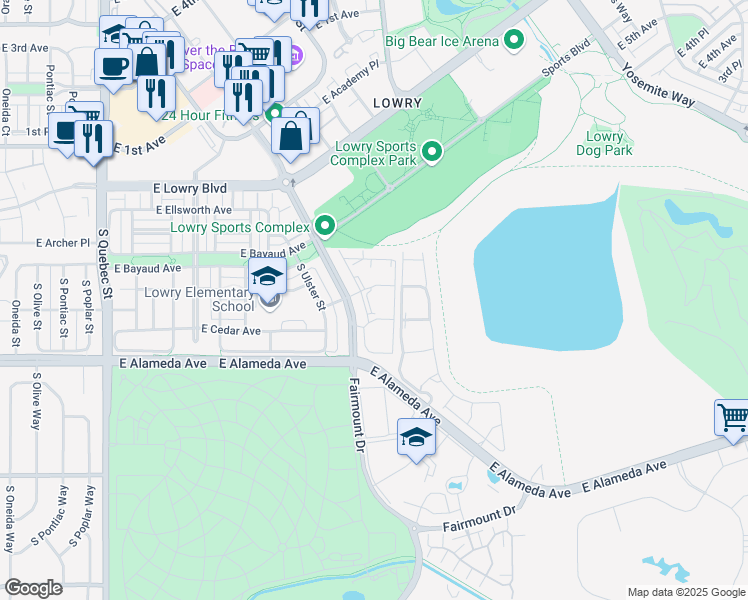map of restaurants, bars, coffee shops, grocery stores, and more near 8155 East Fairmount Drive in Denver