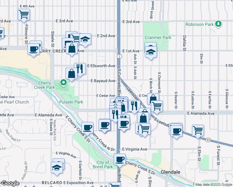 map of restaurants, bars, coffee shops, grocery stores, and more near 127 South Harrison Street in Denver