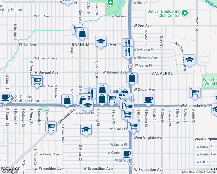 map of restaurants, bars, coffee shops, grocery stores, and more near 150 South Hooker Street in Denver