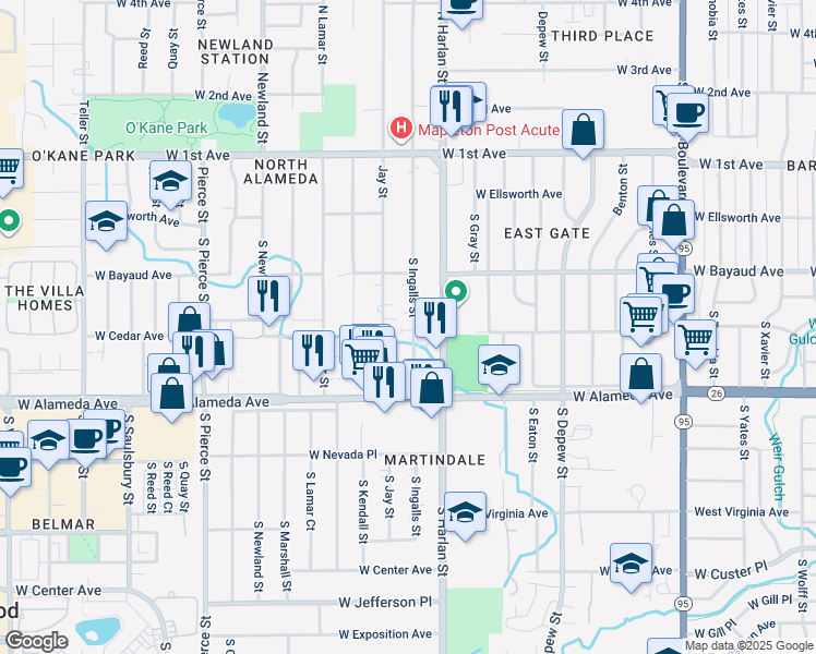 map of restaurants, bars, coffee shops, grocery stores, and more near 130 South Jay Street in Lakewood