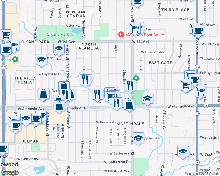 map of restaurants, bars, coffee shops, grocery stores, and more near 140 South Kendall Street in Lakewood